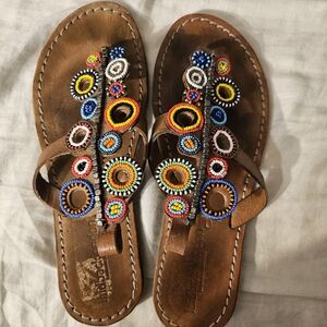 Laidback London Flat Sandal Womens US 9.5 EU 40 Brown Leather Beaded Thong